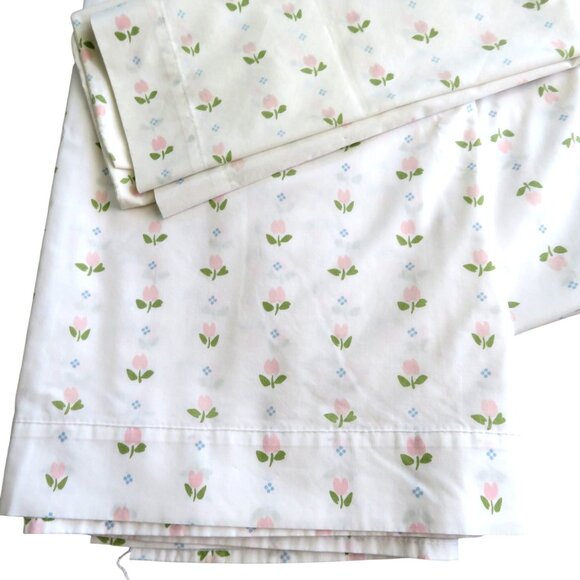 Vintage Double Flat Sheet Standard Pillowcase Set Pink Tulips Made In USA - Picture 2 of 11